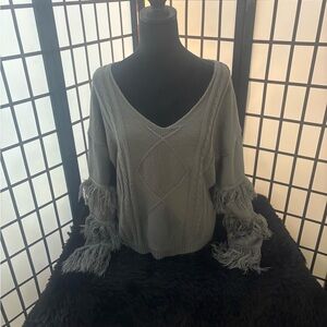 SHEIN Gray V-Neck Fringe Sleeve Cable Knit Sweater